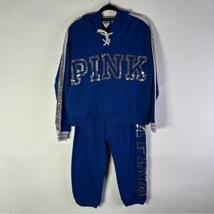 Victoria's Secret PINK Blue Bling Lace-Up Pullover Hoodie and Joggers